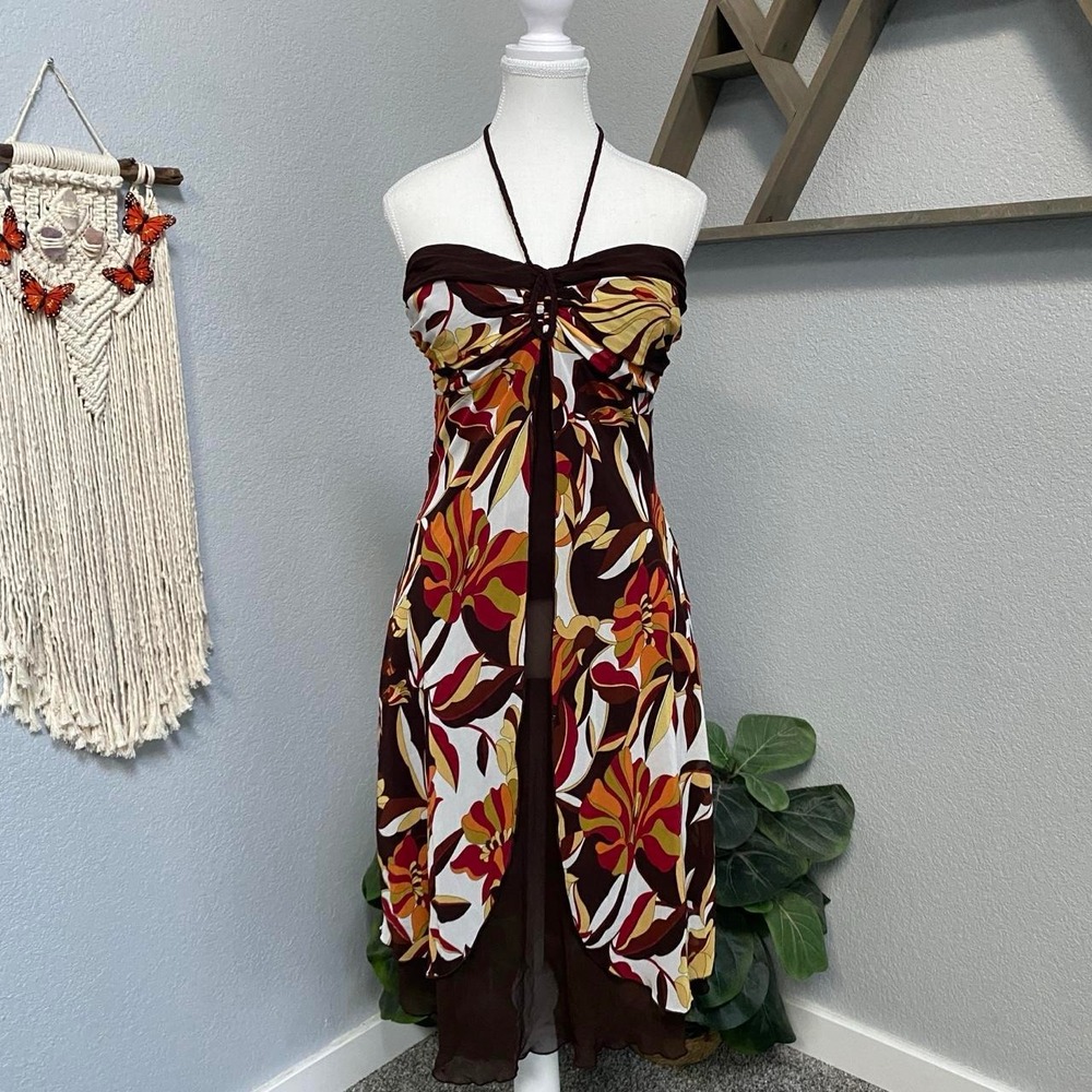 BISOU BISOU BROWN HALTER DRESS ORANGE FLORAL BRAIDED TIE LINED FRONT SPLIT HEM
